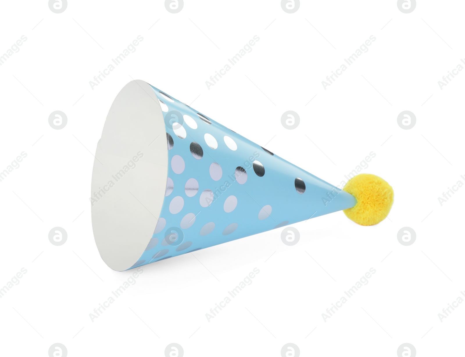 Photo of One light blue party hat with pompom isolated on white