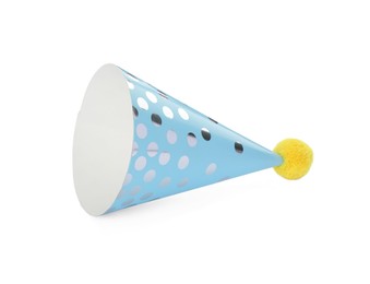 Photo of One light blue party hat with pompom isolated on white