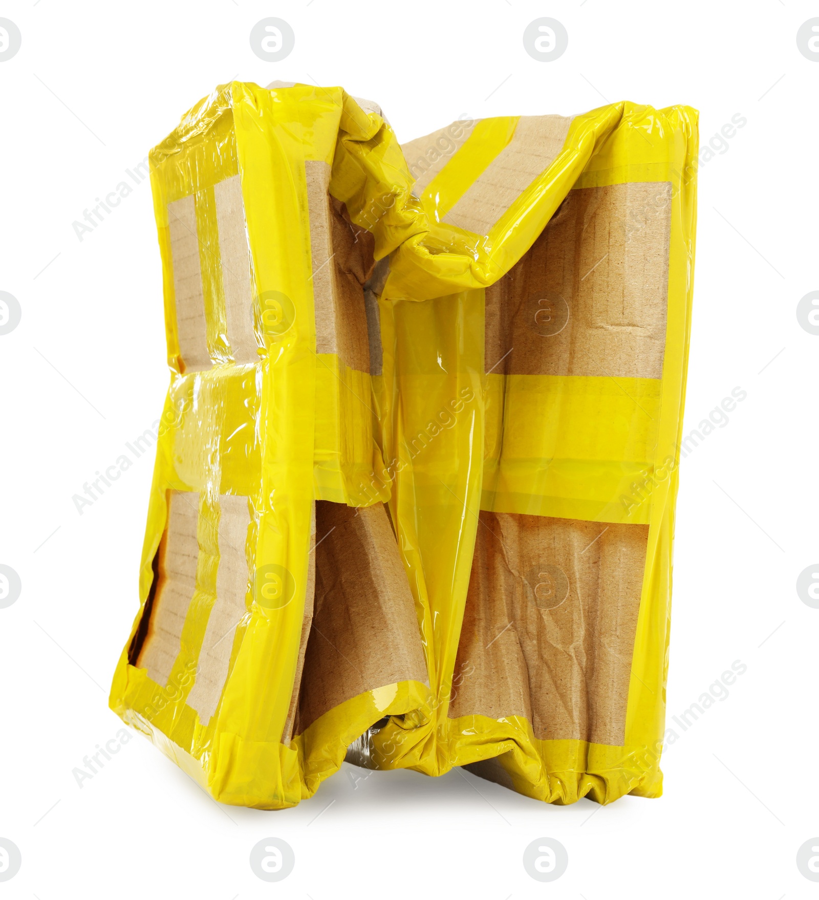 Photo of Crumpled cardboard parcel box with yellow sticky tape on white background