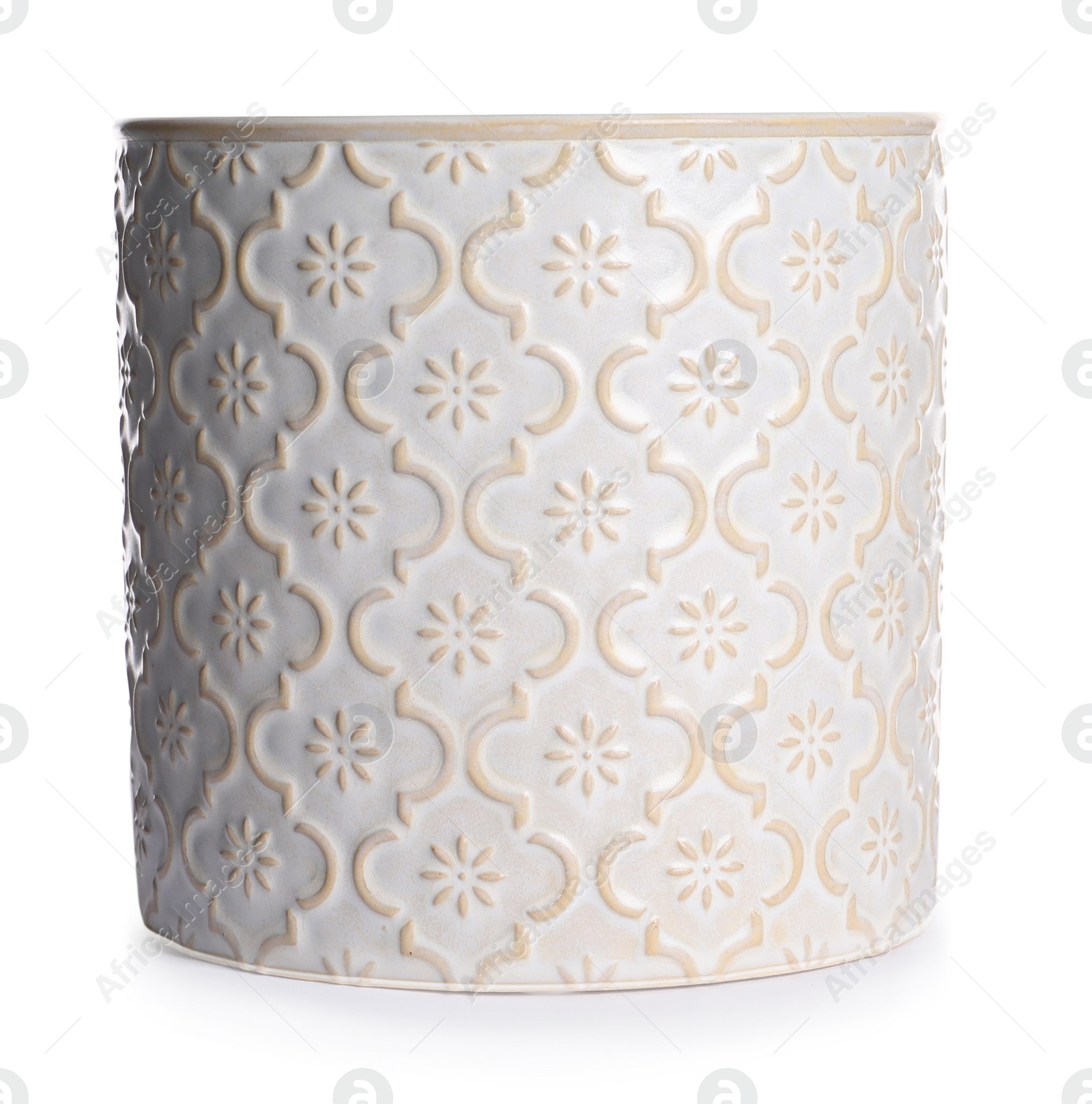 Photo of Stylish ceramic flowerpot with beautiful pattern isolated on white