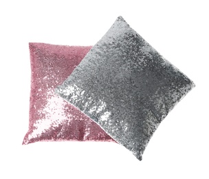 Shiny decorative pillows on white background