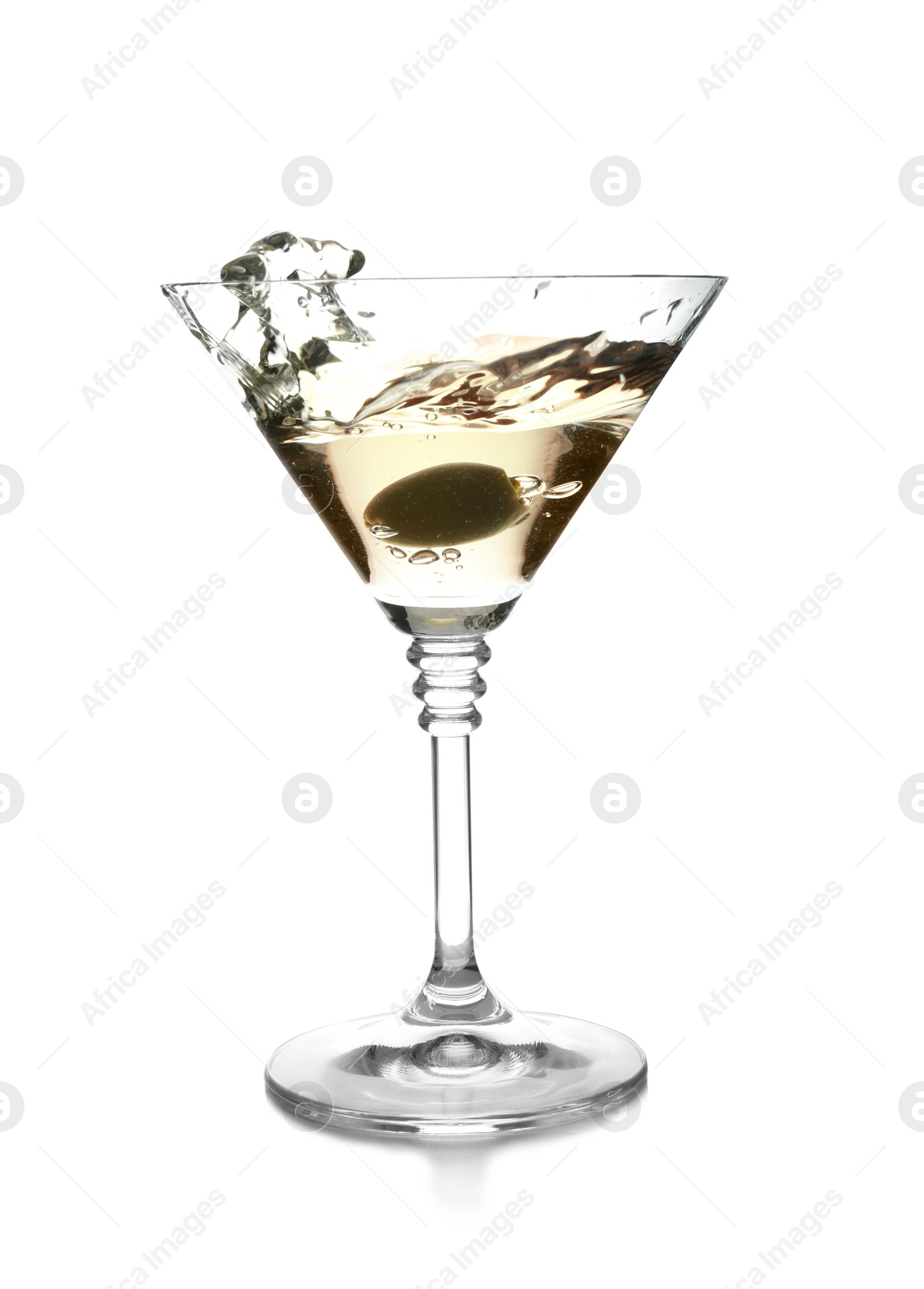 Photo of Glass of classic martini with splash on white background