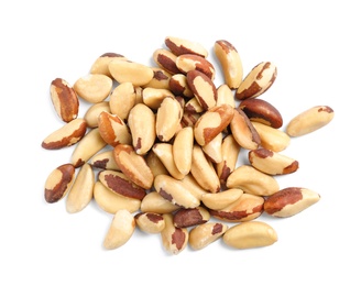 Photo of Tasty brasil nuts on white background, top view