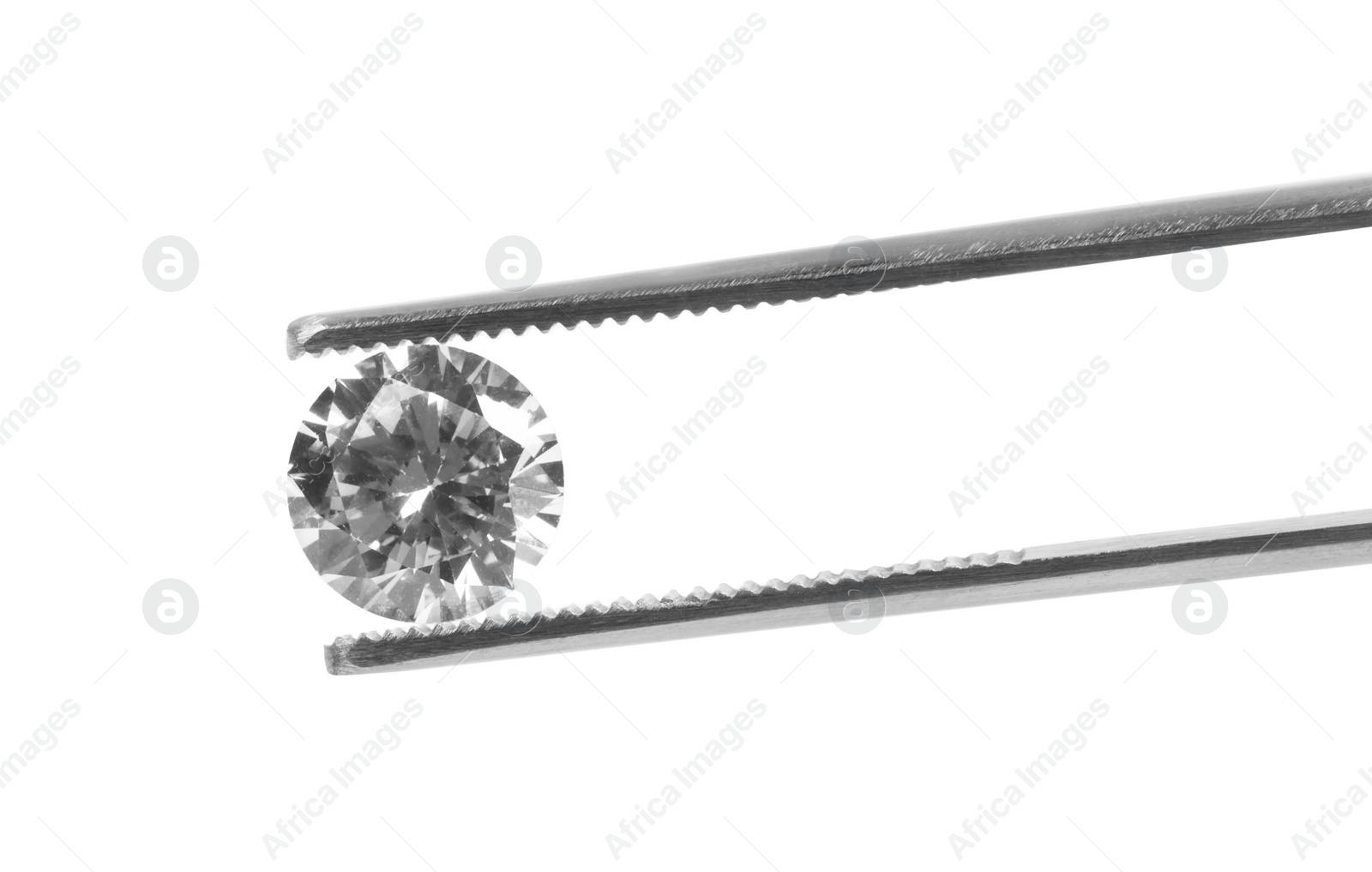 Photo of Tweezers with beautiful shiny diamond isolated on white