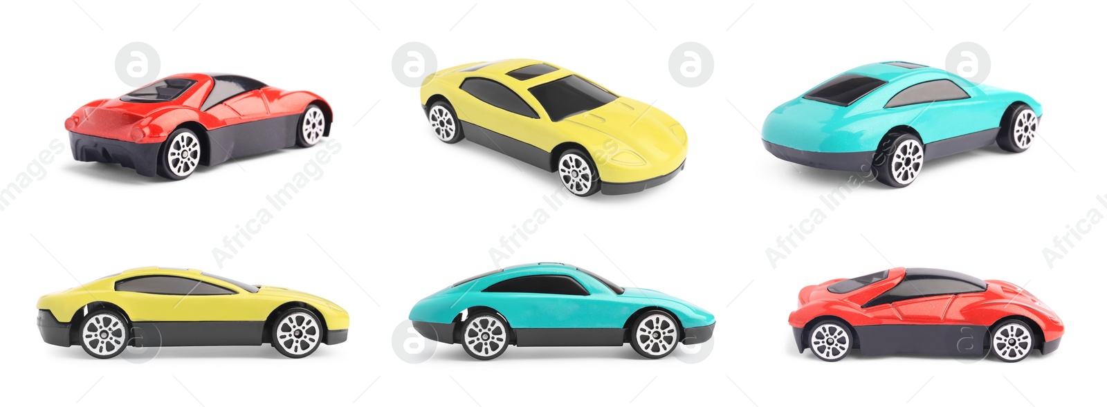 Image of Different toy cars isolated on white, different sides