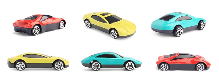 Different toy cars isolated on white, different sides