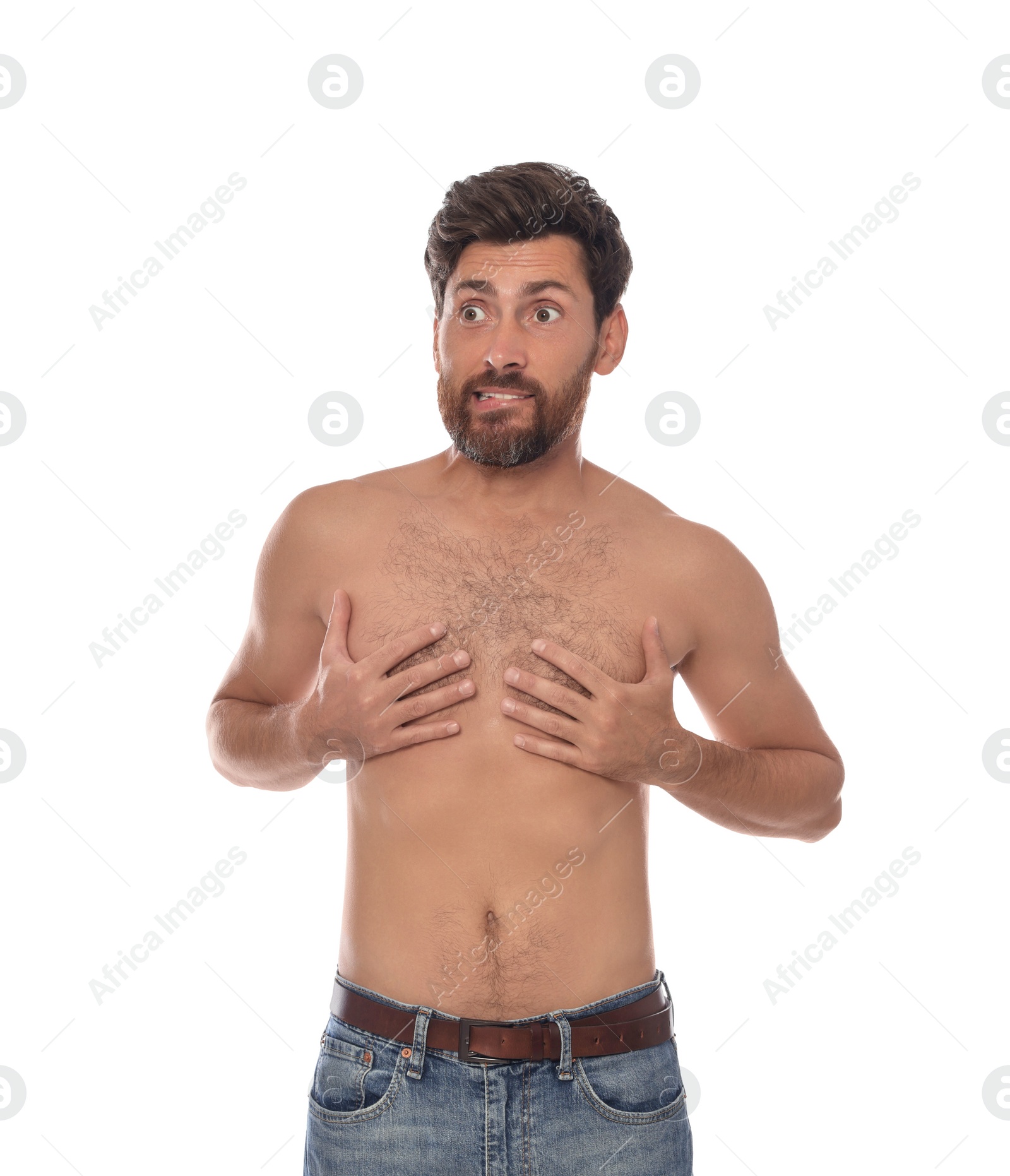 Photo of Embarrassed man covering chest with hands on white background