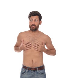 Embarrassed man covering chest with hands on white background