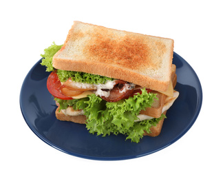 Photo of Yummy sandwich with bacon and chicken isolated on white