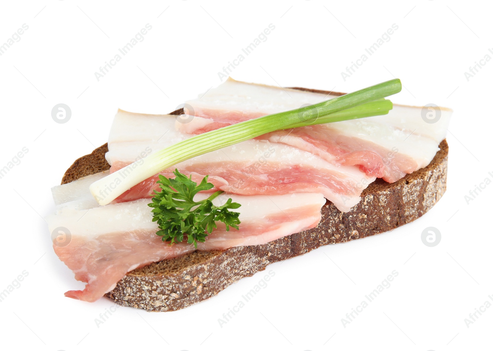 Photo of Pork fatback sandwich with onion isolated on white