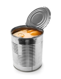 Tin can with conserved peach halves on white background