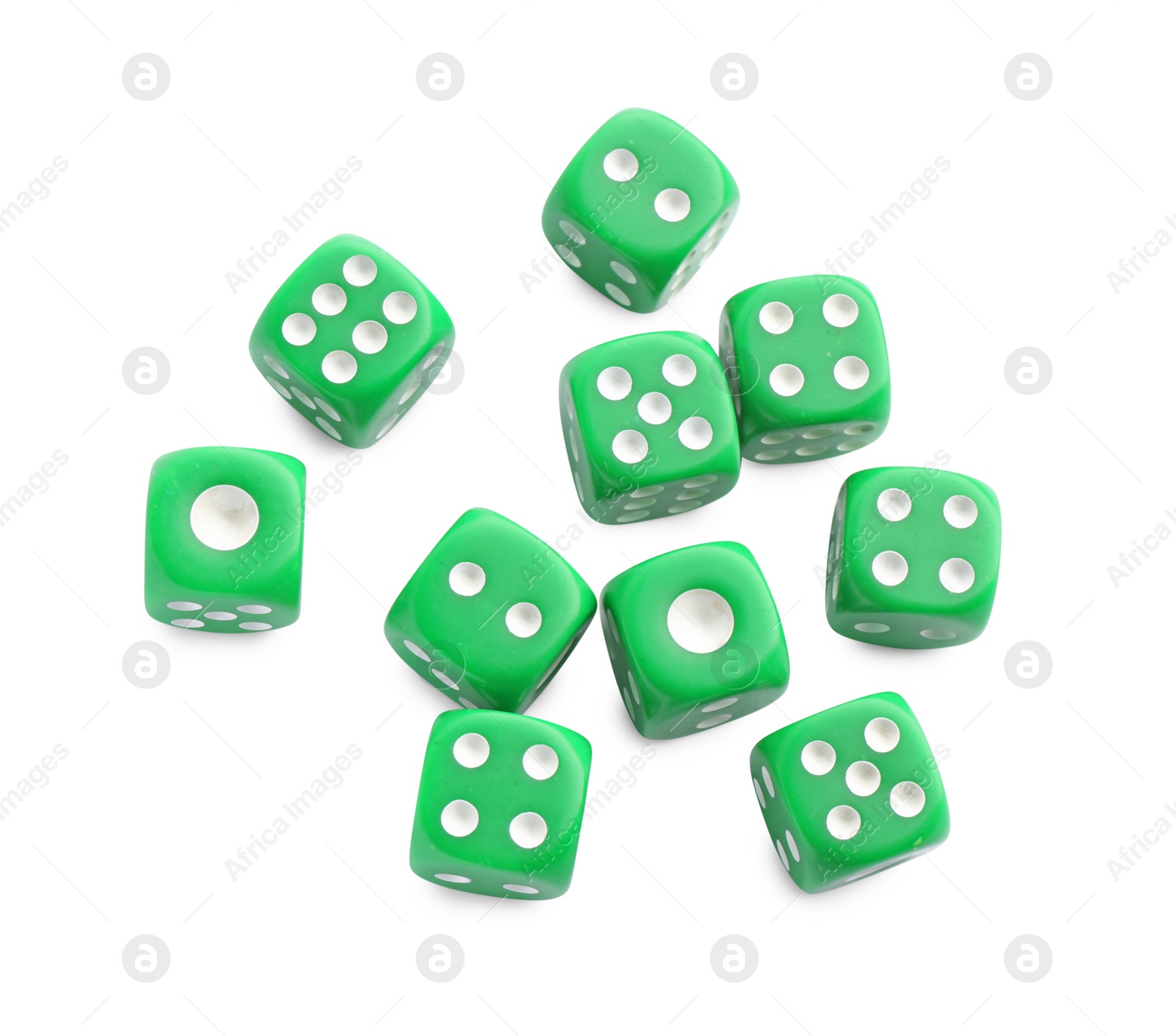 Photo of Many green game dices isolated on white, top view