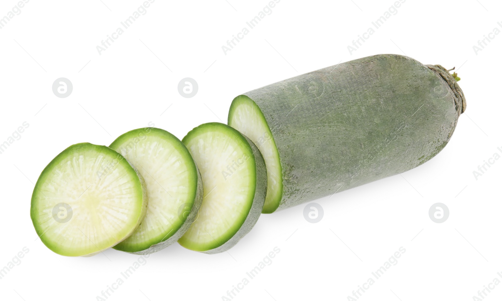 Photo of Cut green daikon radish isolated on white, top view