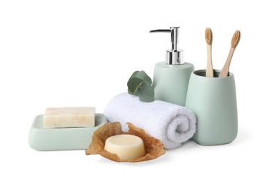 Photo of Bath accessories. Set of different personal care products and eucalyptus leaves isolated on white
