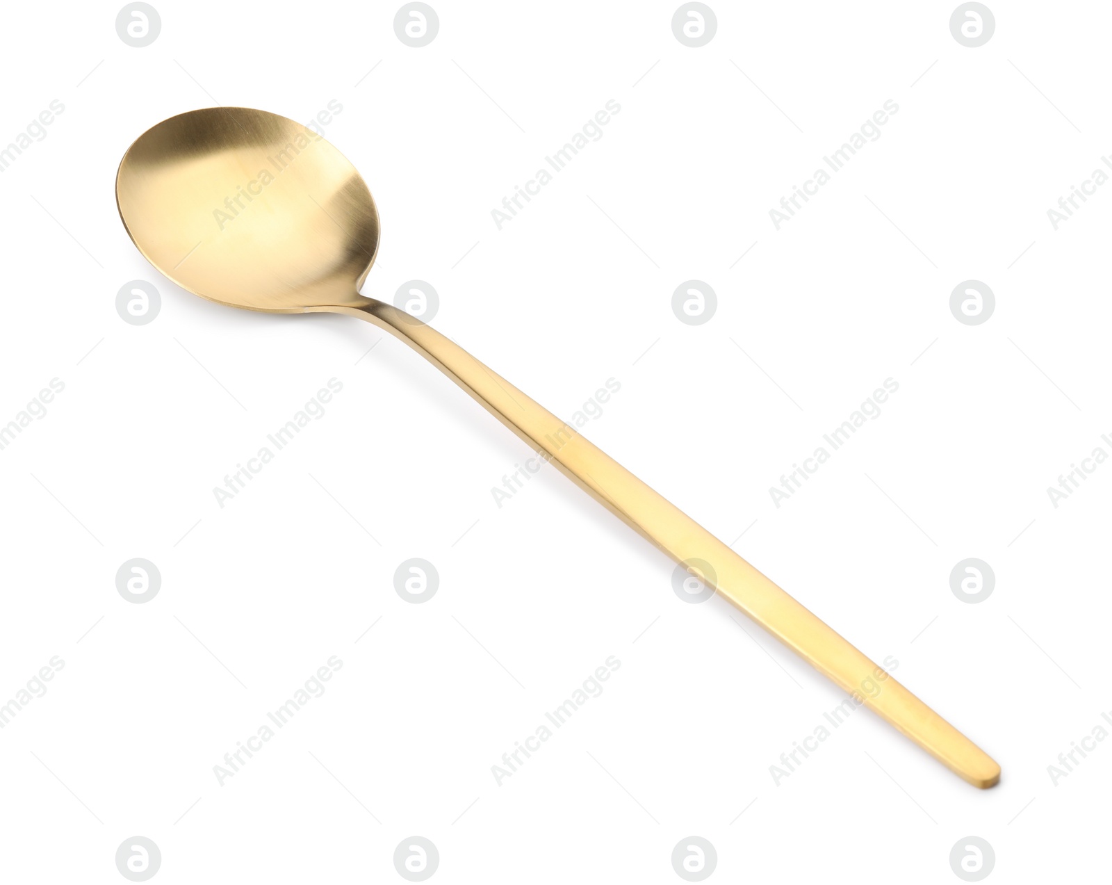 Photo of One shiny golden spoon isolated on white