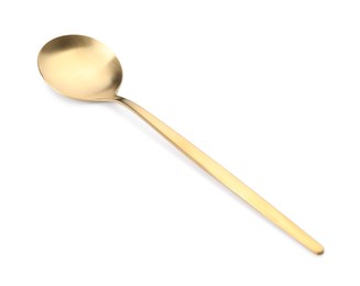 Photo of One shiny golden spoon isolated on white