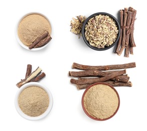 Set with dried sticks of liquorice root, shavings and powder on white background, top view 