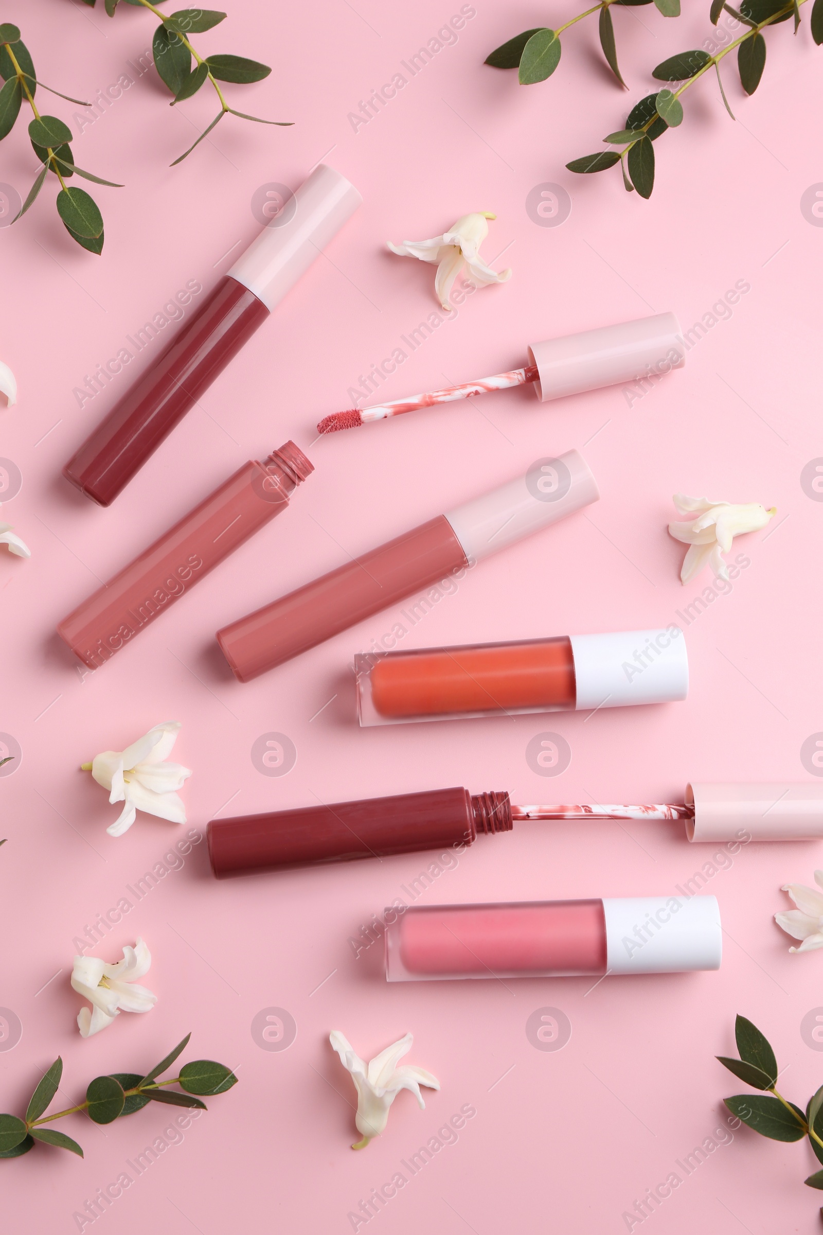 Photo of Different lip glosses, applicators, flowers and green leaves on pink background, flat lay