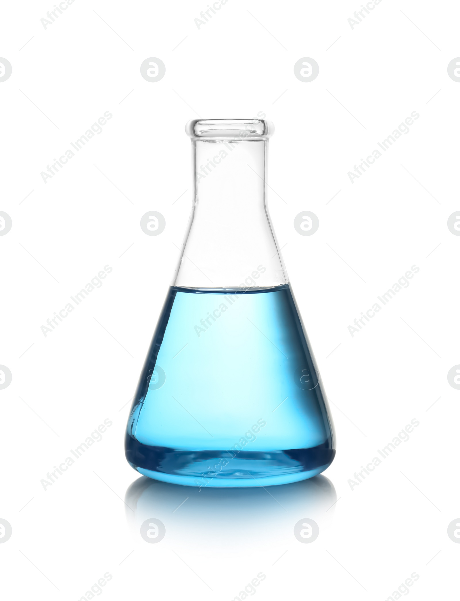 Photo of Conical flask with blue liquid on white background. Laboratory glassware