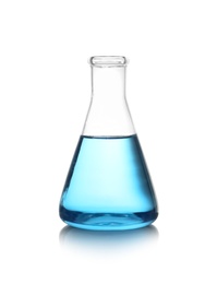 Conical flask with blue liquid on white background. Laboratory glassware