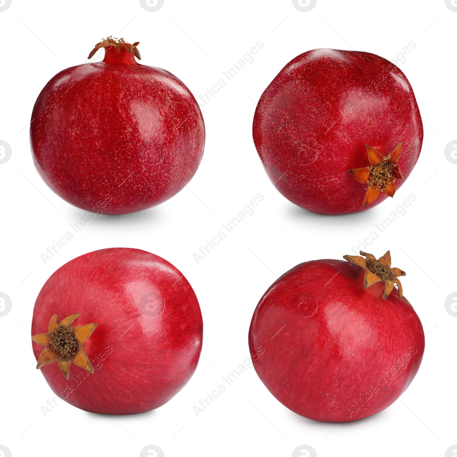 Image of Set with tasty ripe pomegranates on white background