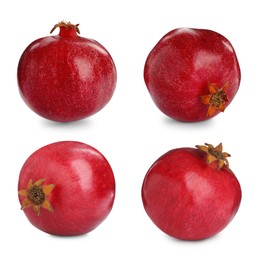 Image of Set with tasty ripe pomegranates on white background