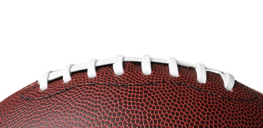 Photo of Leather American football ball on white background, closeup