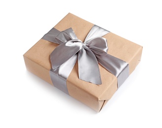 Photo of Beautifully wrapped gift box on white background