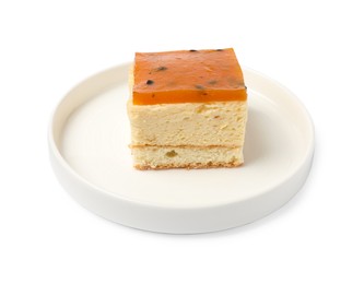 Photo of Piece of cheesecake with jelly on white background