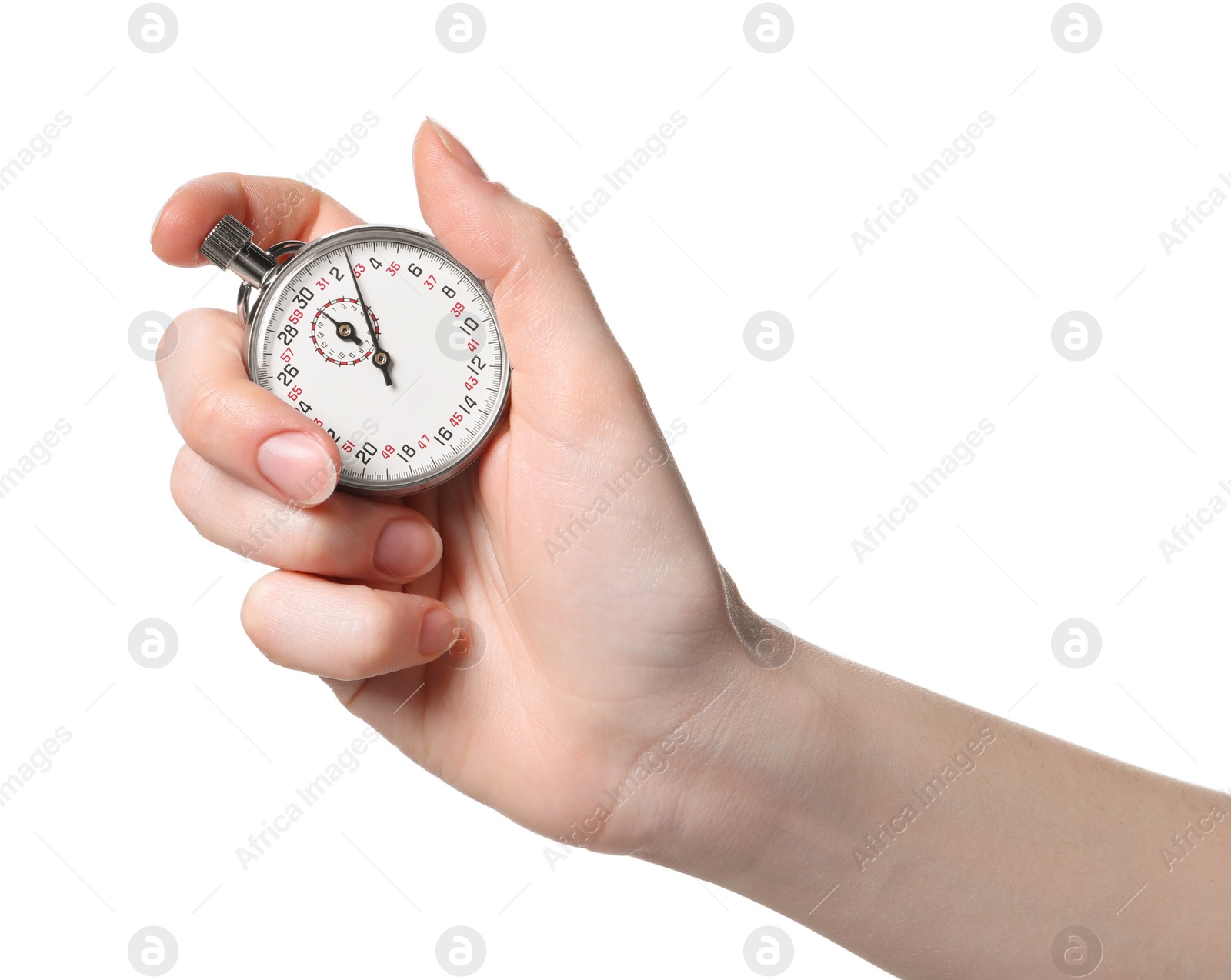 Photo of Woman holding vintage timer on white background, closeup