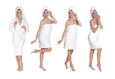 Collage with photos of beautiful young woman with towels on white background