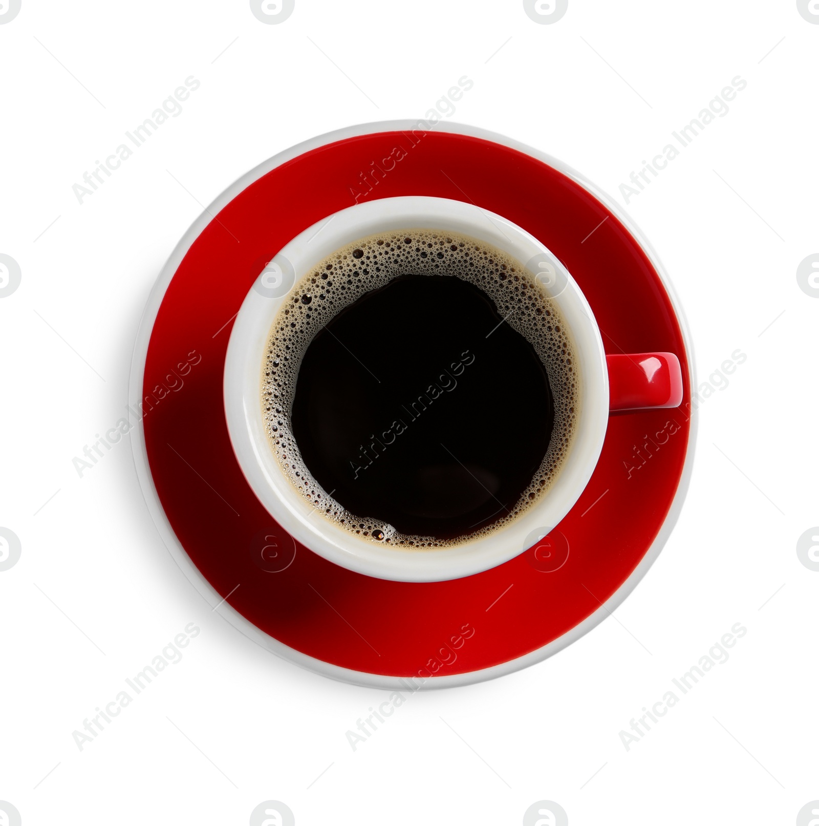 Photo of Red cup with aromatic coffee isolated on white, top view