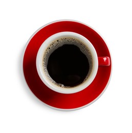 Photo of Red cup with aromatic coffee isolated on white, top view