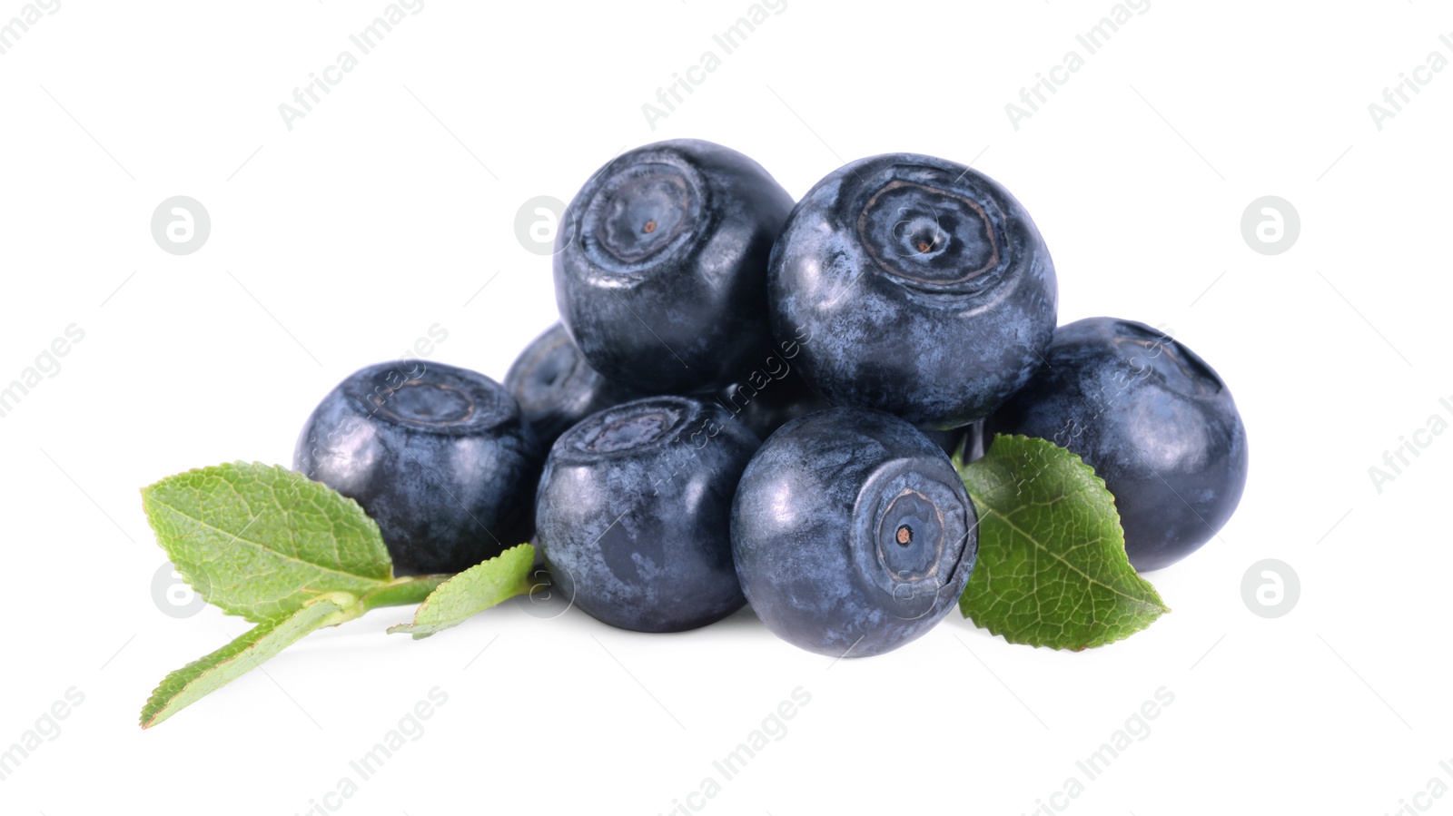 Photo of Delicious ripe bilberries and green leaves isolated on white