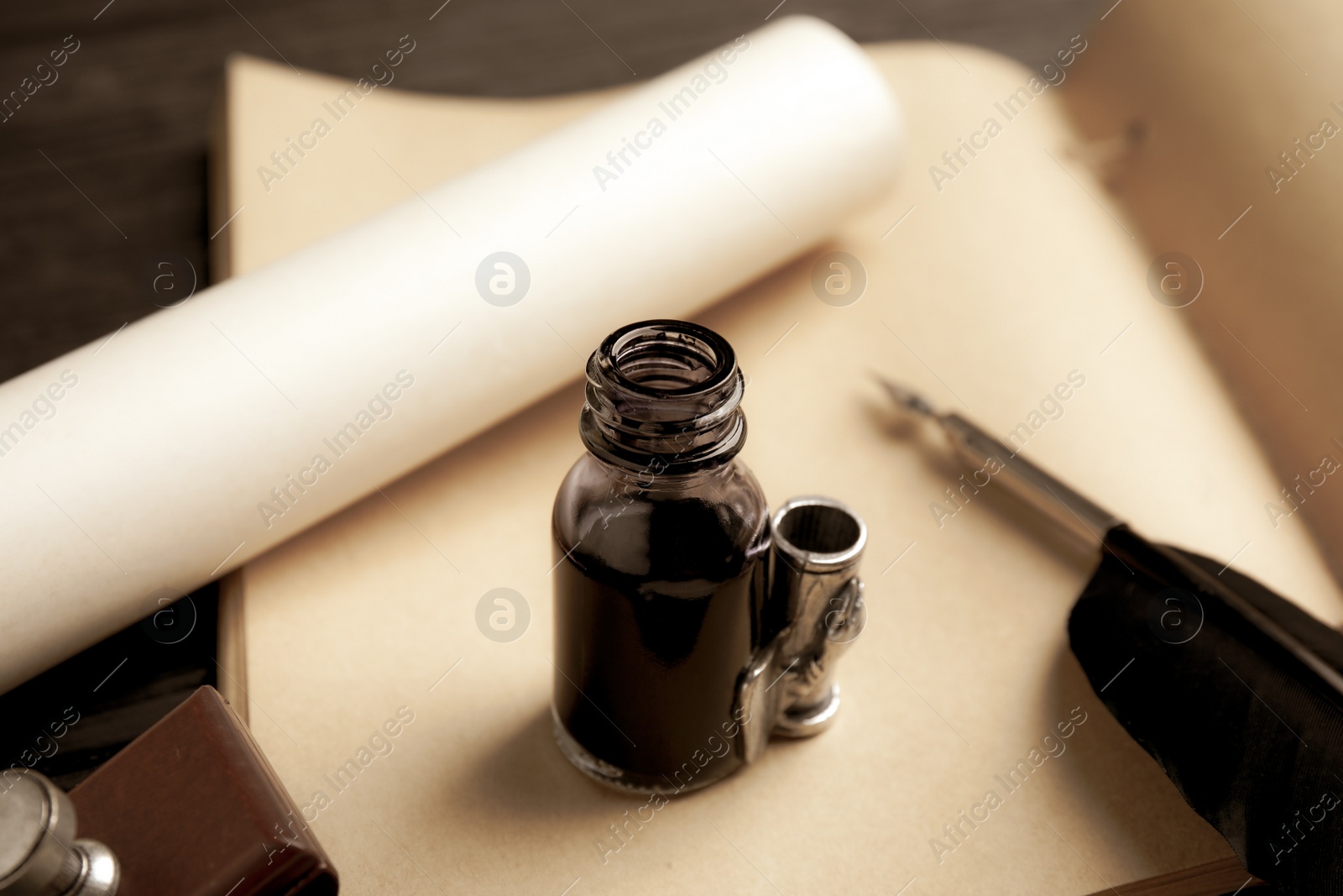 Photo of Feather pen and bottle of ink on notebook