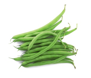 Photo of Fresh green beans on white background, top view