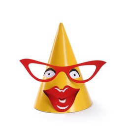 Photo of Bright party hat with funny face isolated on white. Handmade decoration