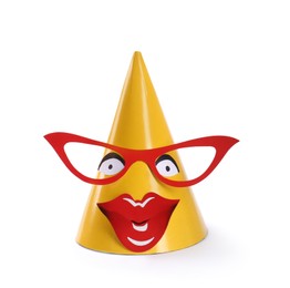 Bright party hat with funny face isolated on white. Handmade decoration