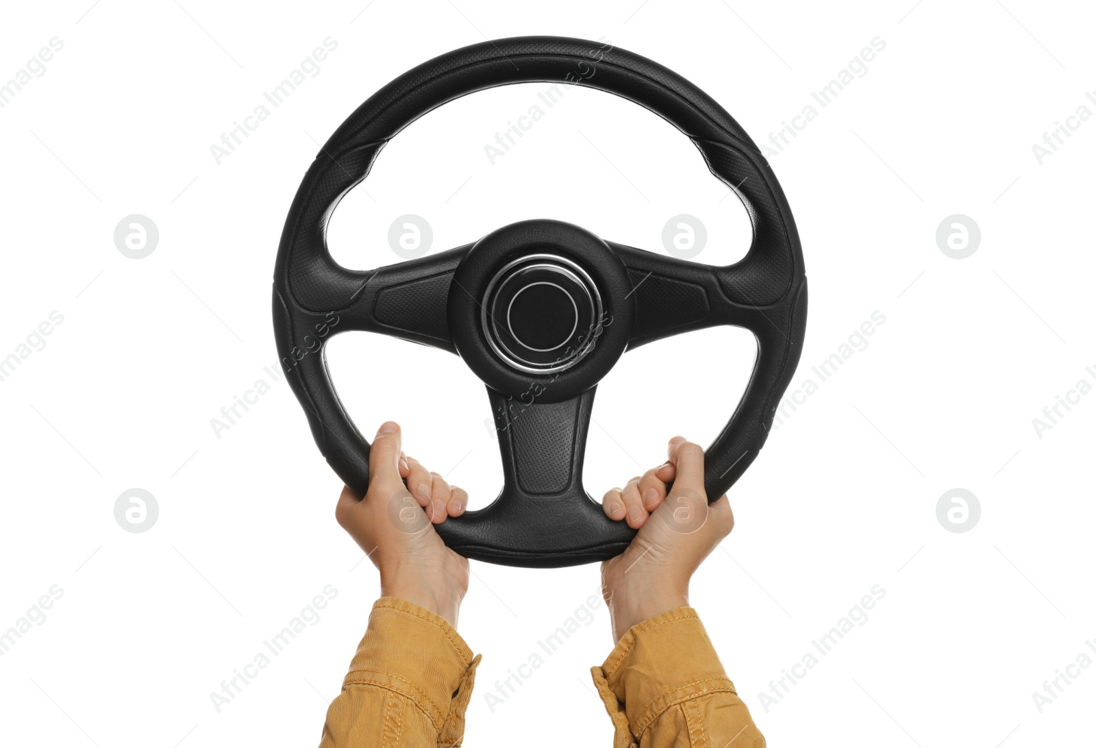 Photo of Woman with steering wheel on white background, closeup