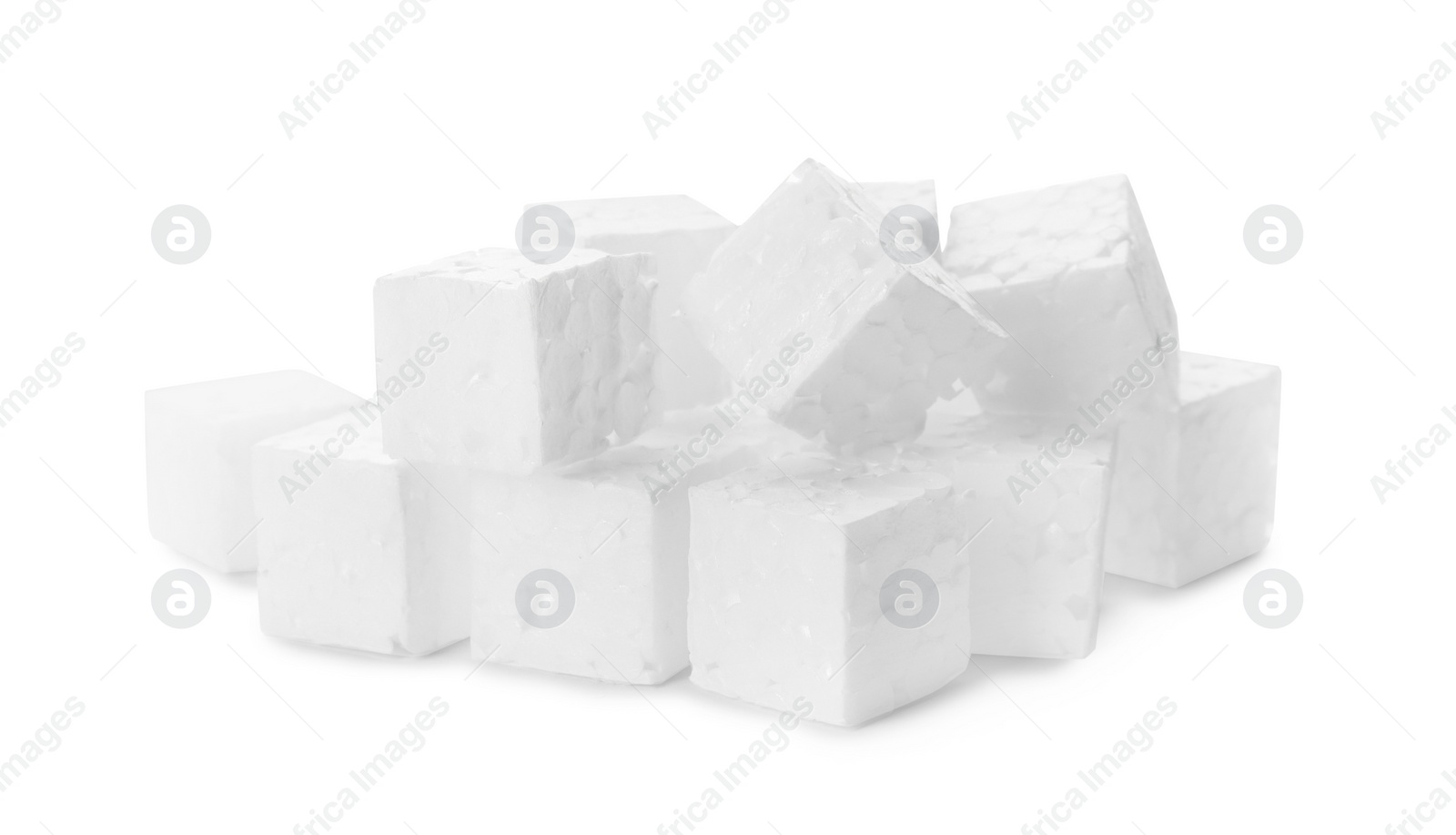 Photo of Pile of styrofoam cubes on white background