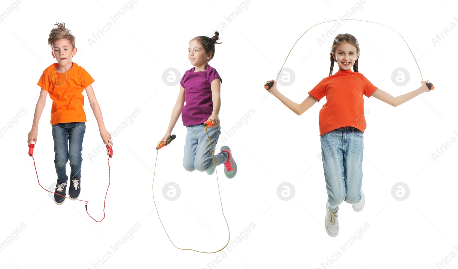 Image of Cute happy children with jumping ropes on white background, collage. Banner design