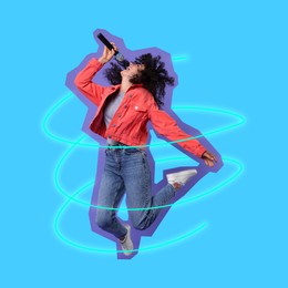 Image of Pop art poster. Woman singing while jumping on light blue background