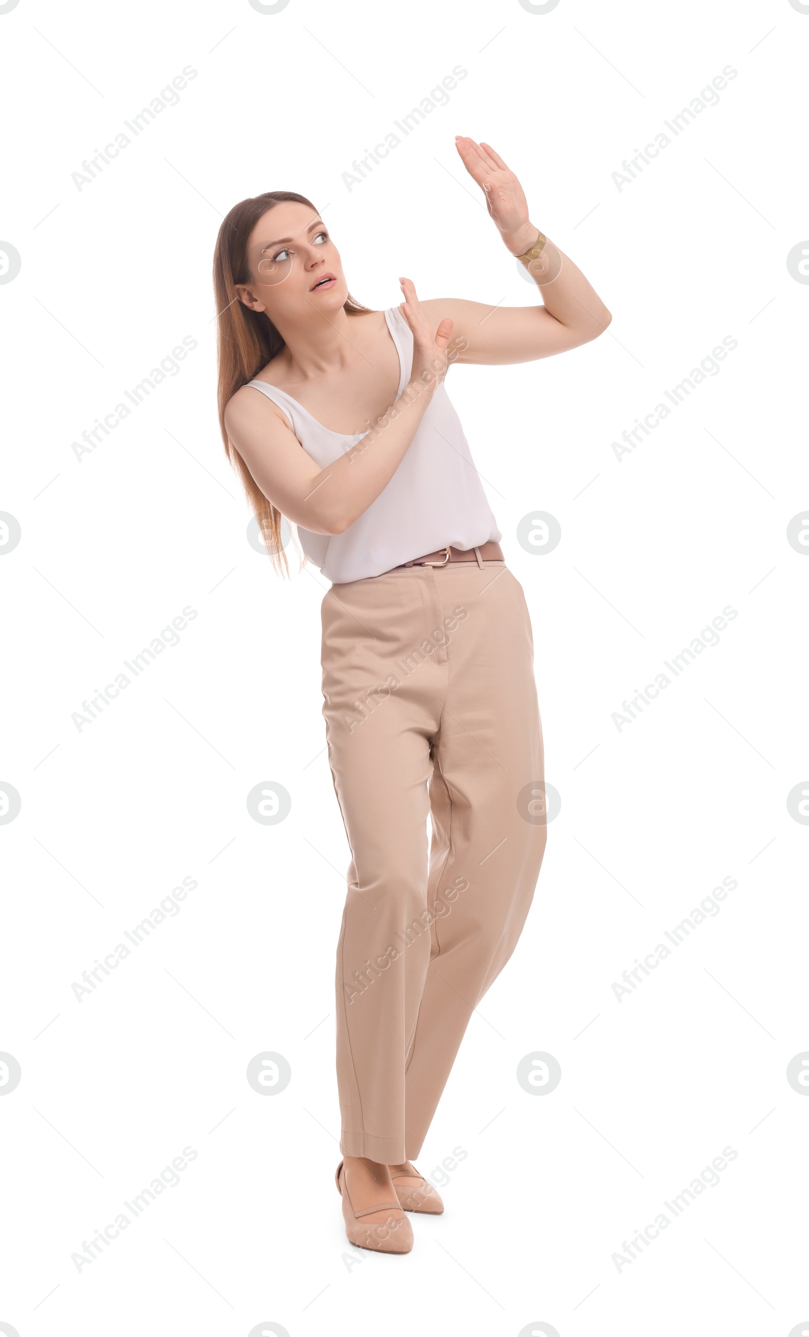 Photo of Beautiful adult businesswoman avoiding something on white background