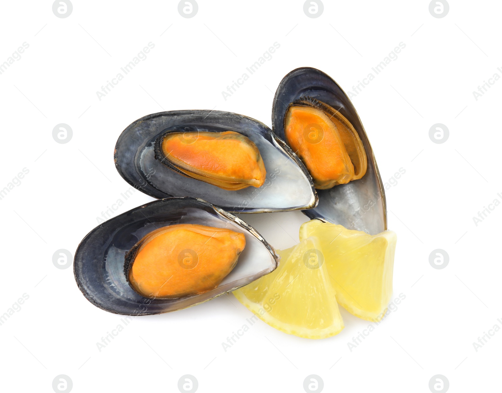 Photo of Delicious cooked mussels with lemon on white background, top view