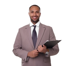 Photo of Portrait of happy man with clipboard on white background. Lawyer, businessman, accountant or manager