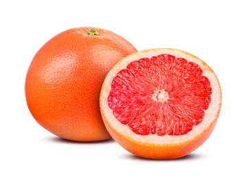 Image of Fresh whole and cut grapefruits isolated on white