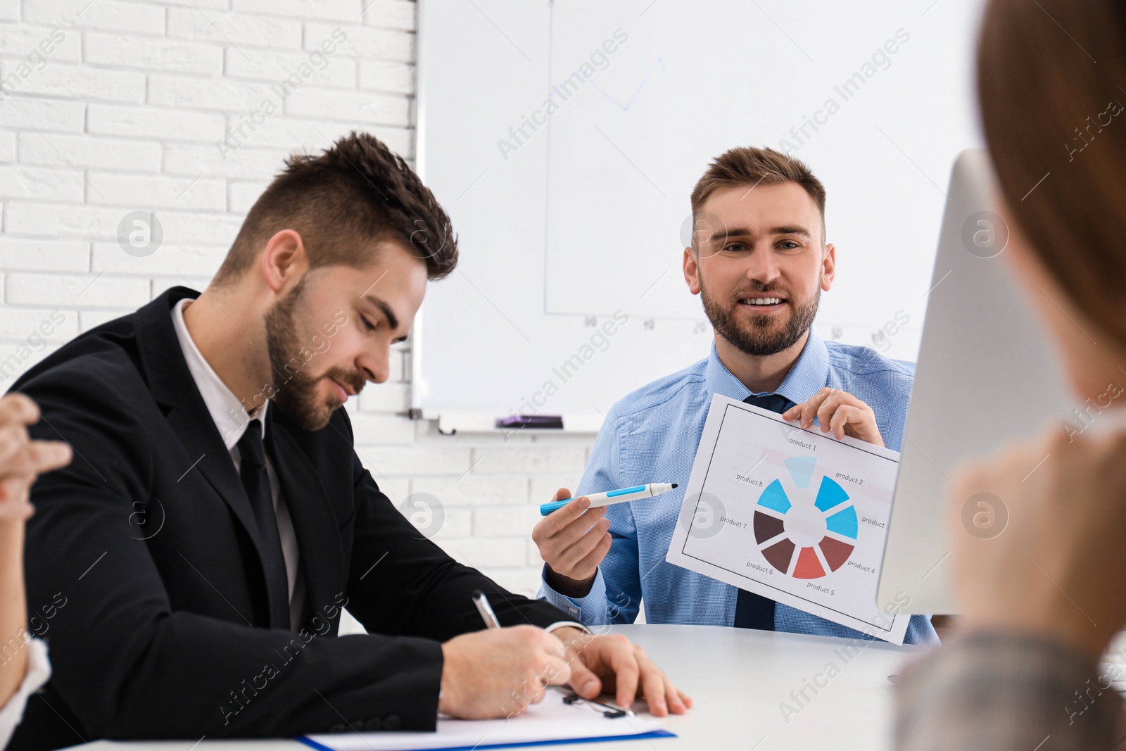 Photo of Professional business trainer working with people in office