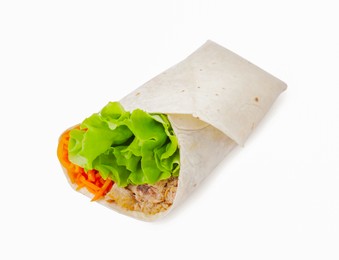 Photo of Delicious tortilla wrap with tuna isolated on white