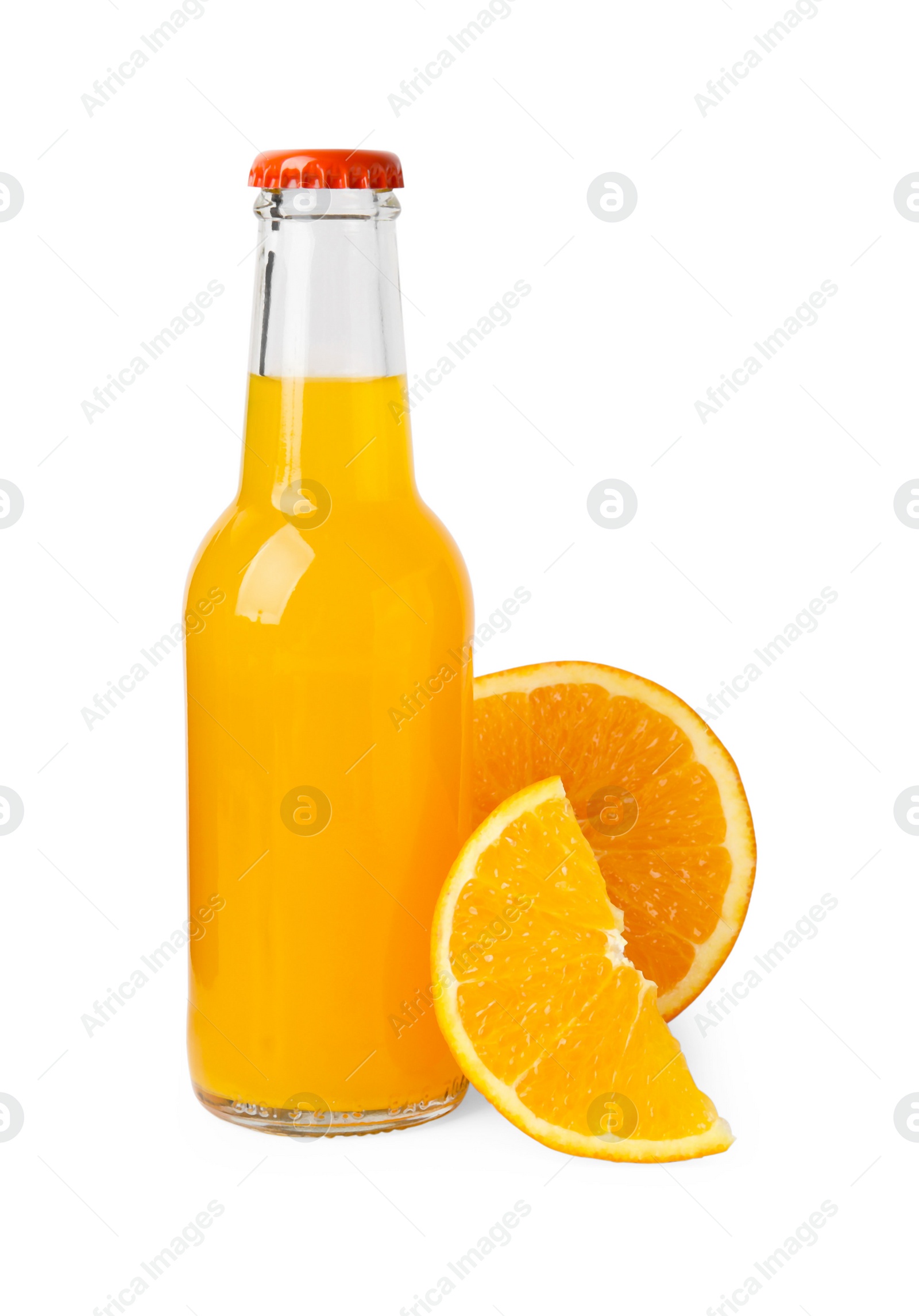 Photo of Delicious kombucha in glass bottle and orange isolated on white