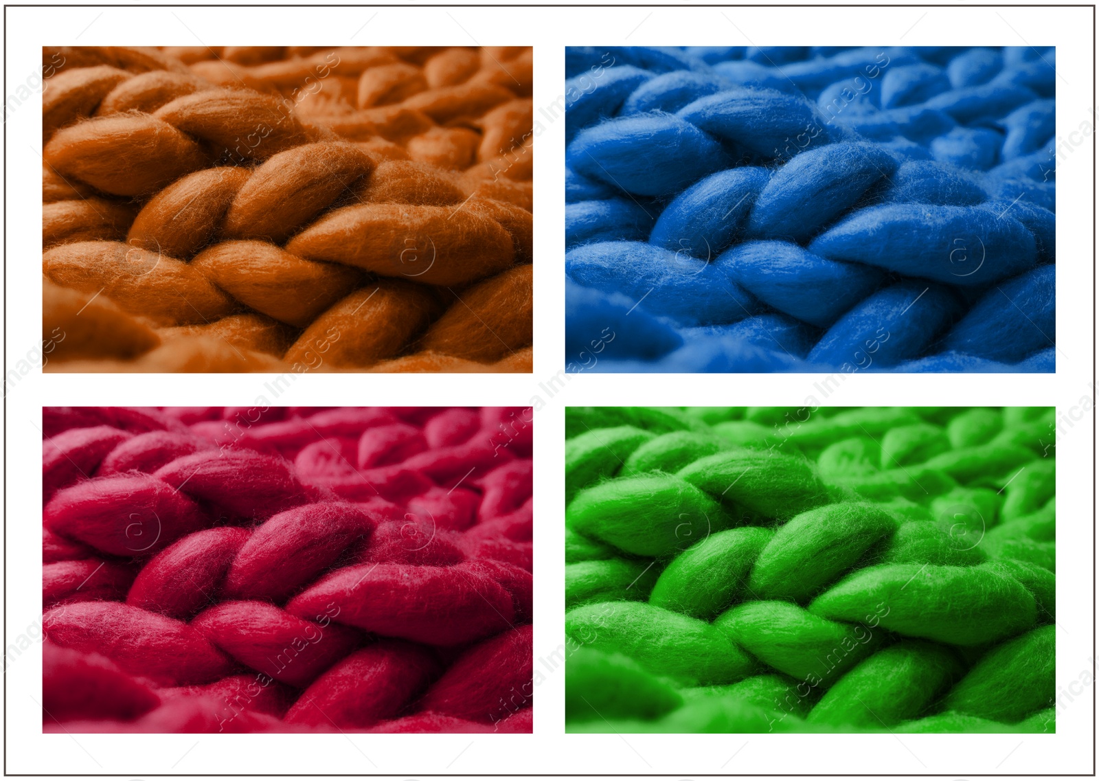 Image of Samples of different wool on white background, collage. Color palette